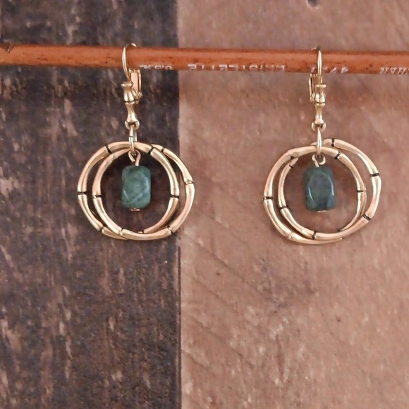 Gold Tone Dangle Jade Lever Back Earrings - Picture 1 of 6